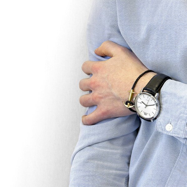 Anchor & Crew Raven Black Admiral Anchor 9ct Yellow Gold and Stingray Leather Bracelet