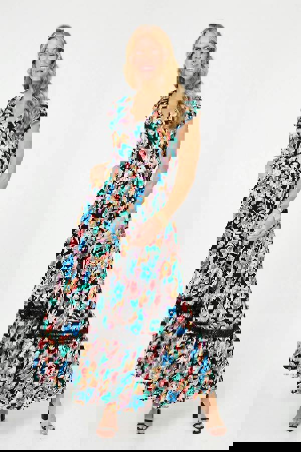 Izabel London Floral Lace Trim Cap Sleeve Maxi Dress