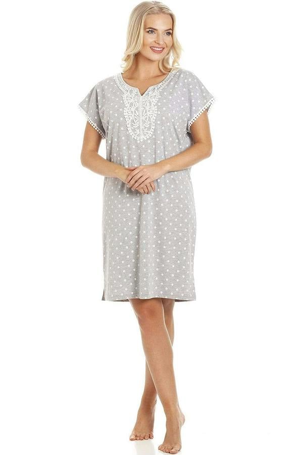 Camille Women's Grey Polka Dot Short Sleeve Nightdress with Lace Detailing