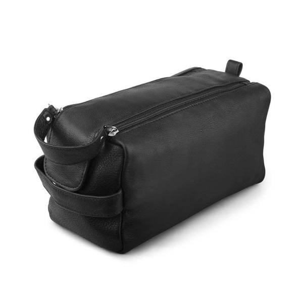 Front view of Black leather wash bag