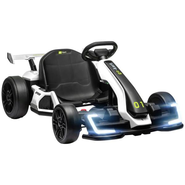 White electric go kart with black seat, LED headlights, and front view for kids