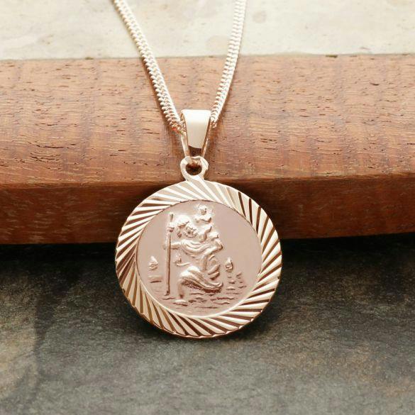 Christopher James of London 9ct Rose Gold Plated 16mm Diamond Cut St Christopher Pendant With Optional Personalisation and Chain