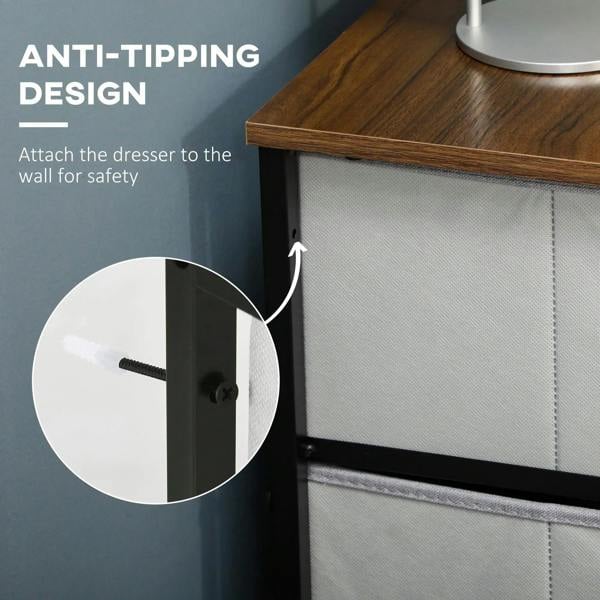 Anti-tip corner bracket on grey fabric drawer dresser with black steel frame