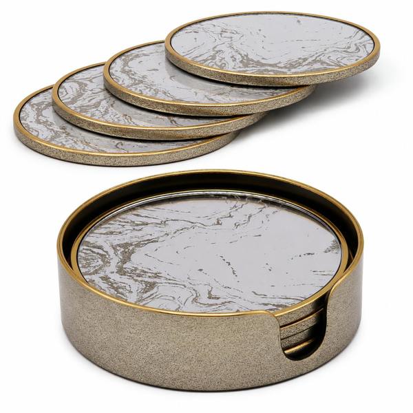 Maison des Cadeaux Marble Effect Round Serving Tray & Drink Coasters Set of 4 with Holder