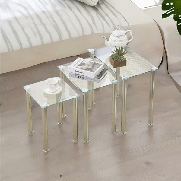 Rafaelo Mobilia Set Of 3 Glass Nesting Tables Silver