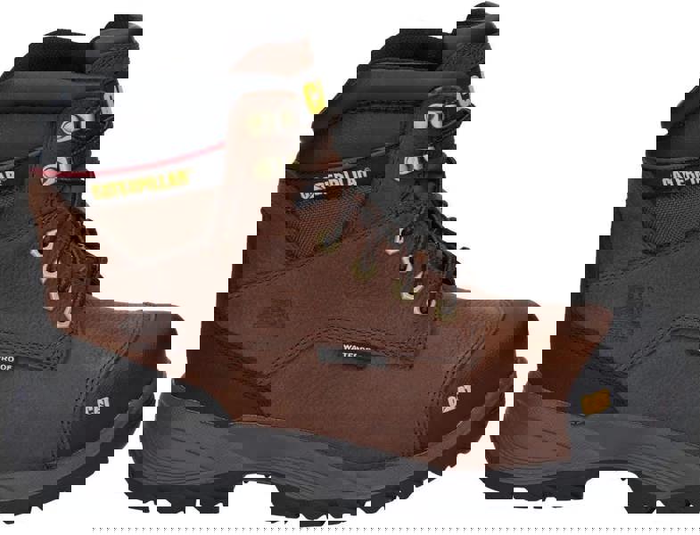 Caterpillar Spiro Mens Steel Toe/Midsole S3 Work Safety Boots, brown leather work boot with black toe cap, waterproof feature, and durable sole for industrial safety.