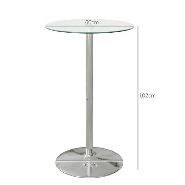 Round high bar table with clear glass top and stainless steel pedestal base