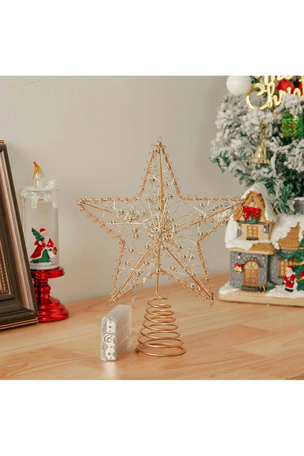 Living and Home Modern Metal Pre-Lit Star Christmas Tree Topper with Beads