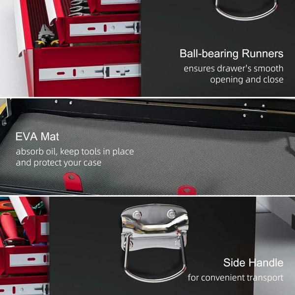 Steel tool chest with side carry handle and EVA mat, open drawer compartment
