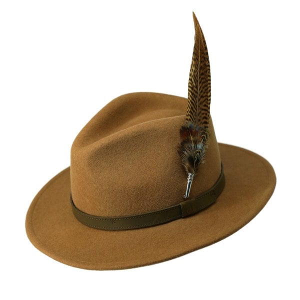 Gamble & Gunn Settler Fedora - Camel Brown With Feather