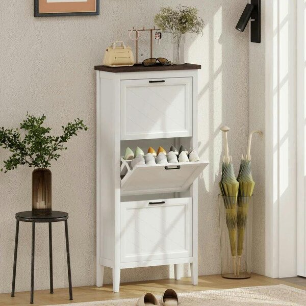 Shoe Cabinet with 3 Flip Drawers, Farmhouse Narrow Shoe Storage Cabinet with Adjustable Shelves, White - White