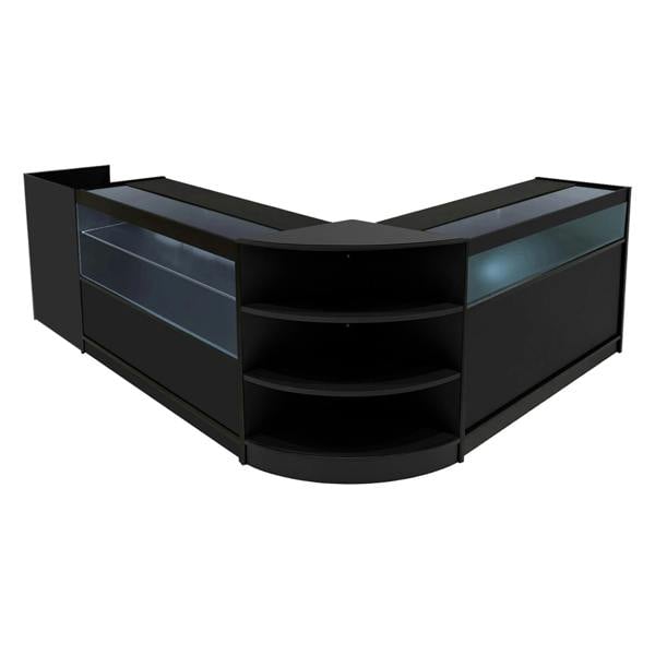 Black Europa LED Shop Counter Set featuring sleek glass display sections, curved edges, and open shelving for versatile storage