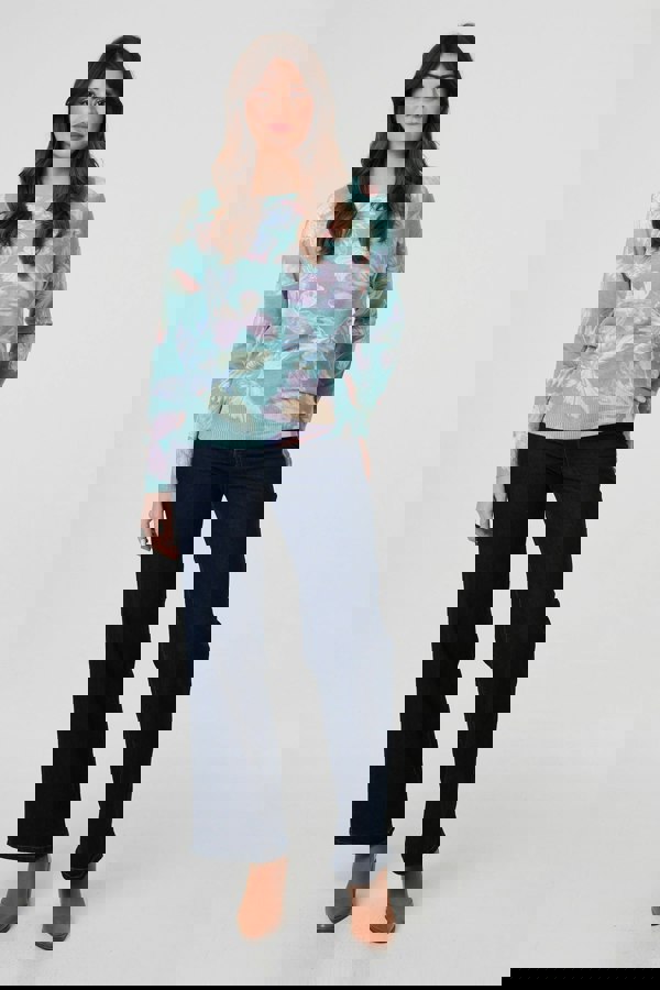 Green | Butterfly Print Diamante Detail Knit Top
