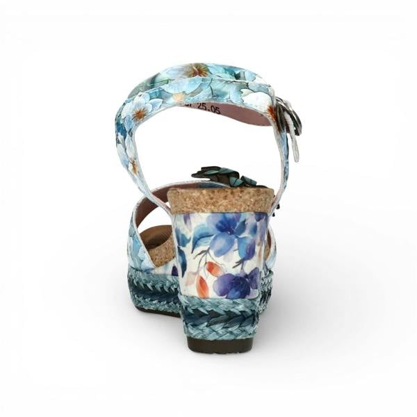 Laura Vita Women's Facyo 75 Blue Floral Leather Wedge Espadrille Sandals