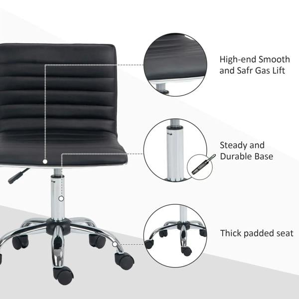 Black armless swivel task chair with thick padded faux leather seat, chrome base, wheels.