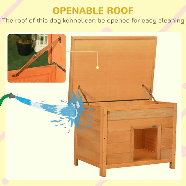 Yellow wooden elevated dog kennel with open front and hinged roof panel for access