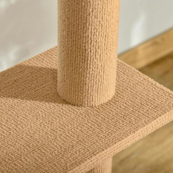 Close-up of brown textured platform material on a vertical post of a cat tree