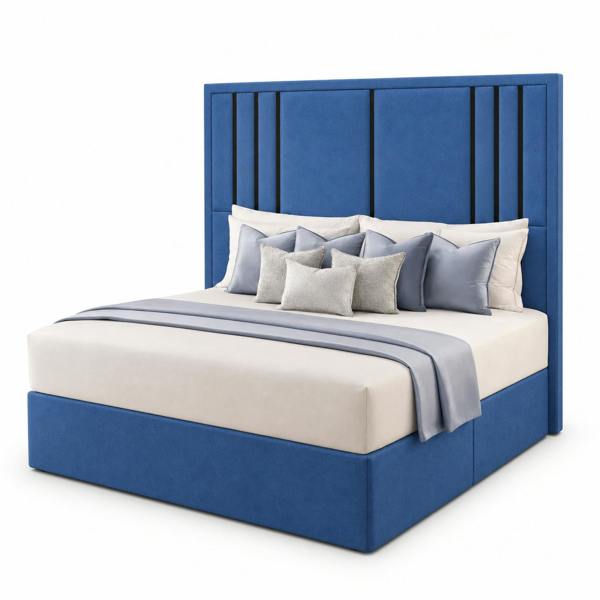 Great British Beds Valentina headboard with Contrast Border divan bed - Blue Plush
