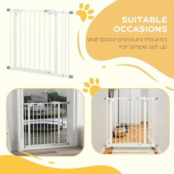 White wall-mounted safety gate with extension setup for stairs or doorways