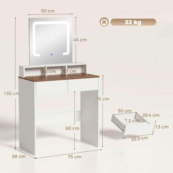 Vanity Table, Dressing Table with Mirror, LED Lights, 2 Drawers, 3 Compartments, Colour Changing, Walnut Brown and White