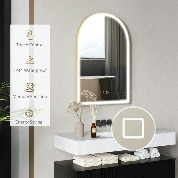 Bobobiy 90 x 60 cm Bathroom Mirror with LED Lights, Anti-Fog Arched Vanity Mirror with 3 Colour Dimmable, Gold Tone