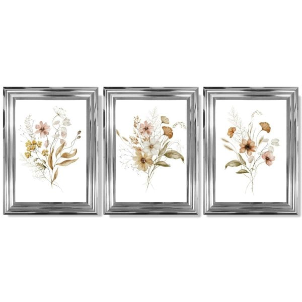 Autumn Wild Flower Bouquets Set of 3 Framed Art Prints with Glossy Chrome Frames
