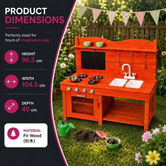Neo Red Wooden Outdoor Mud Kitchen Kids Garden Play Double Sink