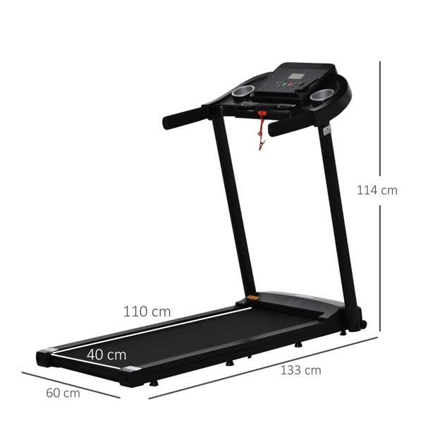 Black electric treadmill with console, side rails, and front stabilizer bars