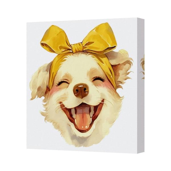 Benjamin Tate Design Happy Dog Canvas Art Print With Yellow Bow In Wooden Frame