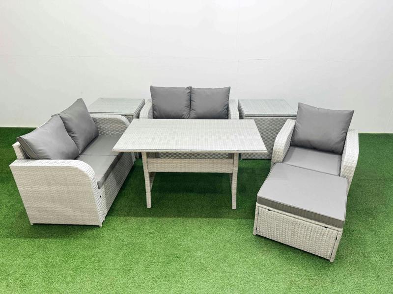 Fimous High Back Poly Rattan Garden Furniture Set, Reclining Chair, Loveseat, Dining Table, Indoor Outdoor, Big Stool, 2 Side Table, Light Grey