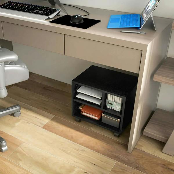 Black open printer cabinet with paper compartments and rolling casters under a desk