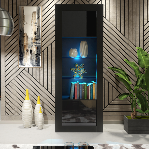 Mex Furniture 170cm Modern Display Cabinet – Black Gloss Doors with LED