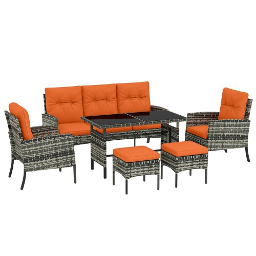 Wyld Haus Lodori Grey Rattan 7 Seater Outdoor Dining Set with Orange Cushions And Table