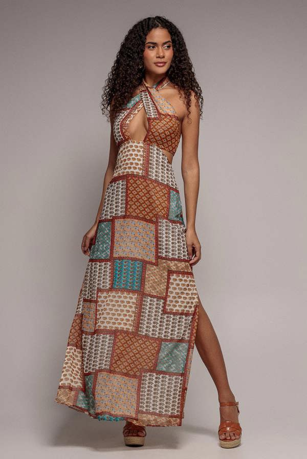 Halter Neck Printed Maxi Dress - Mustard DR3504