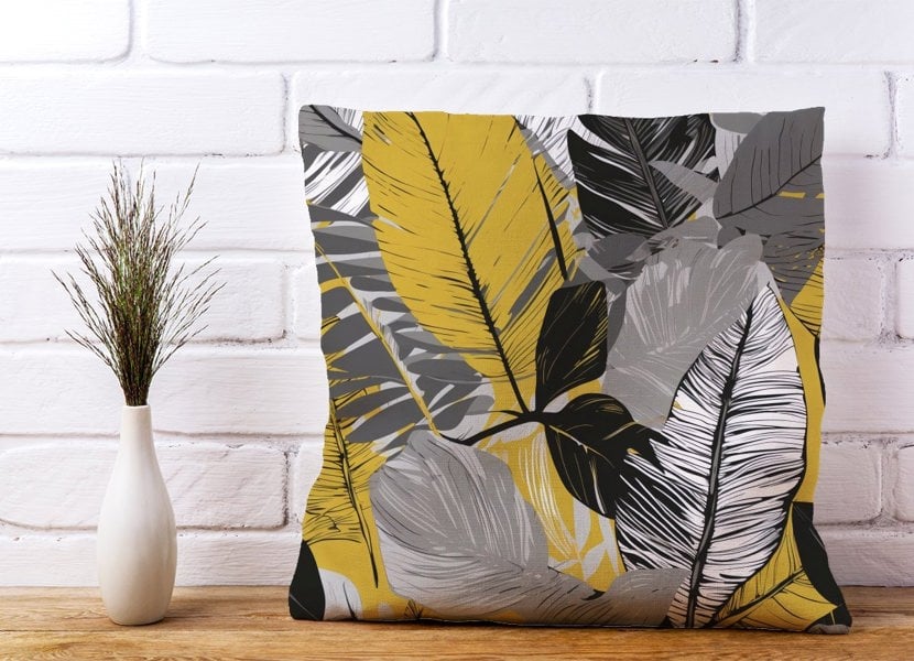 Warren Reed Grey Yellow Floral Leaves Cushions