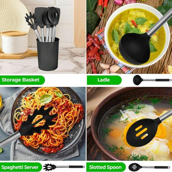 Top 3 8 Piece Silicone Kitchen Utensil Set with Storage Bucket Black
