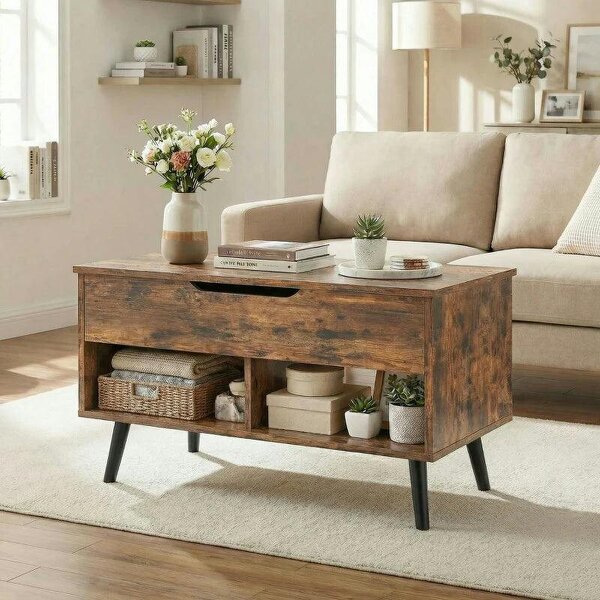 Lift Top Coffee Table with Hidden Storage Living Room Table Metal Legs 75 cm Rustic Brown