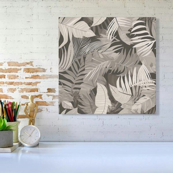 Warren Reed Grey Brown Tropical Leaves Canvas