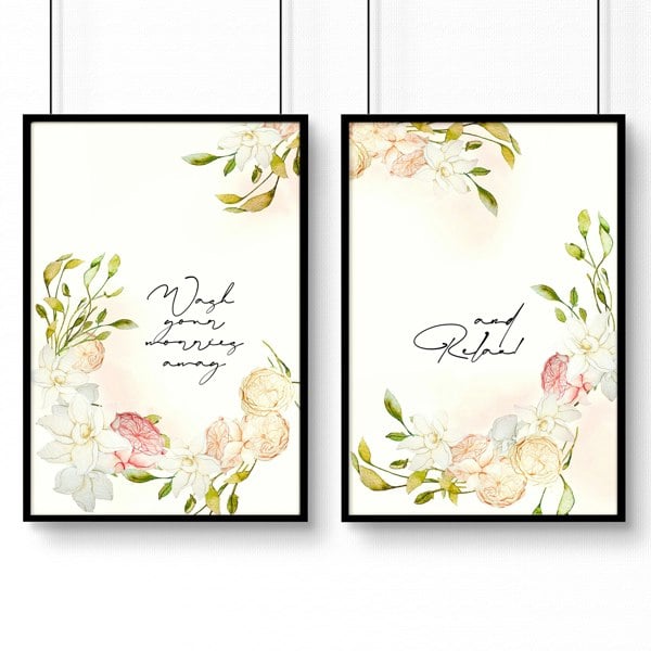 Bathroom art prints | Set of 2 Pink blooms wall art