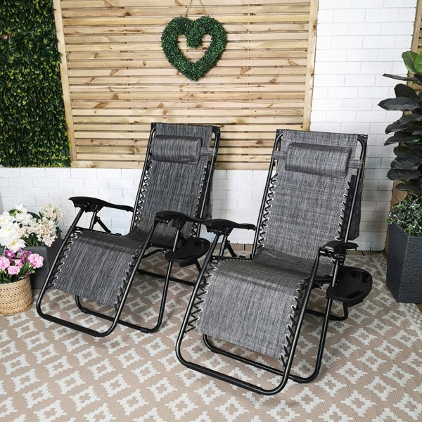 Samuel Alexander Pack of 2 Multi Position Garden Gravity Relaxer Chair Sun Loungers with Sun Canopy in Grey