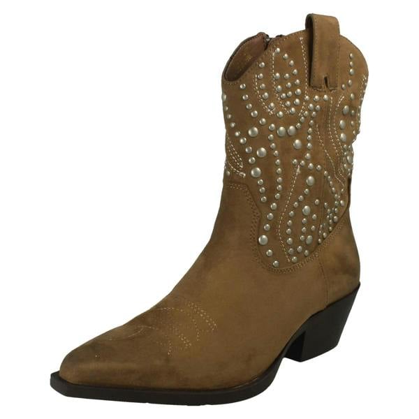 Spot On Ladies Spot On Stud Detailed Small Heel Zip Ankle Cowboy Boots F51257