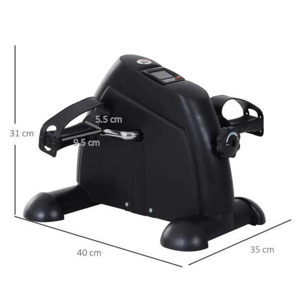 Black under-desk mini exercise bike with dimensions markings on pedal exerciser