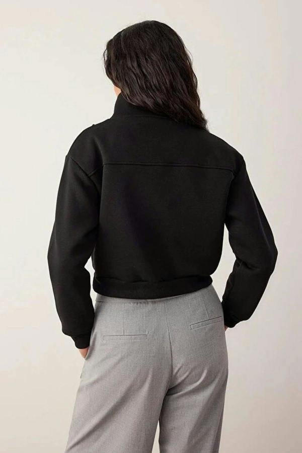 WOVCOR Stand Collar Half Zipper Crop Knit Sweatshirt with Thick Fleece Inside