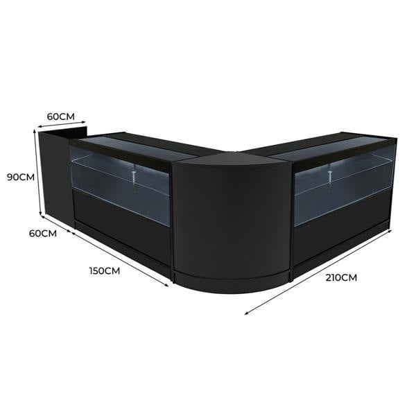 Black Phoenix LED Shop Counter Set featuring a sleek design with glass display sections, measuring 210cm wide and 90cm tall