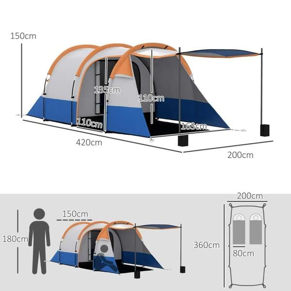 Orange and blue tunnel tent shown with size diagram and door openings