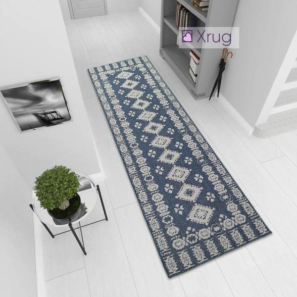 Navy Blue Rug 100% Cotton Washable Rugs Runners Moroccan Pattern Flat Weave Area Mat Large Small - 75x300cm (2'5"x9'8")