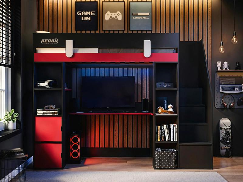 Flair Blaze Staircase Gaming High Sleeper with Storage Black & Red