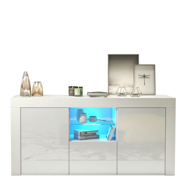 Mex Furniture Modern TV Unit Cabinet 145cm Stand & with White Gloss Doors & Free LED