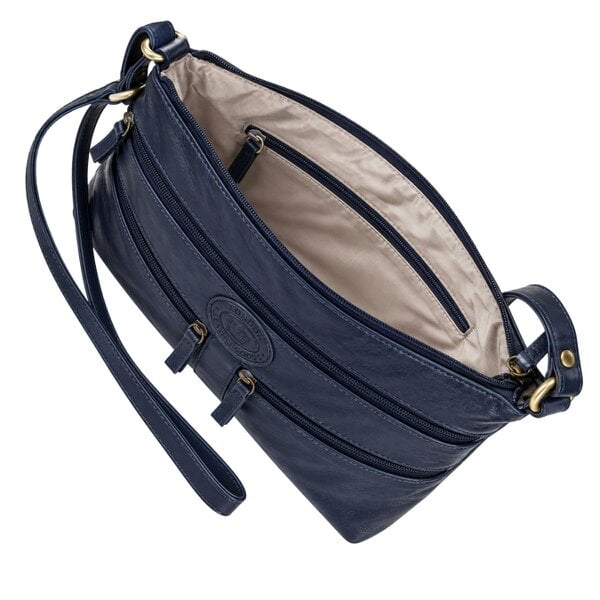 London Leathergoods Leather Multi Pocket Crossbody Bag with 3 Front Zips