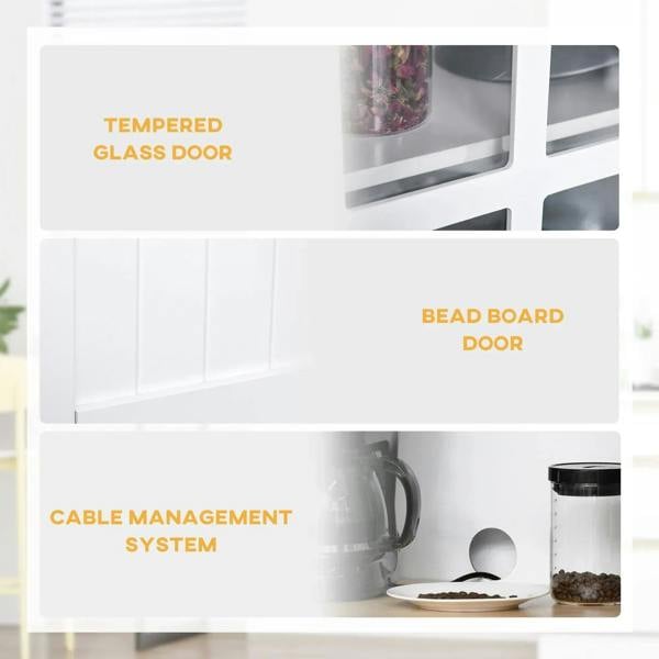 White cabinet with tempered glass door panels and beadboard-style lower doors